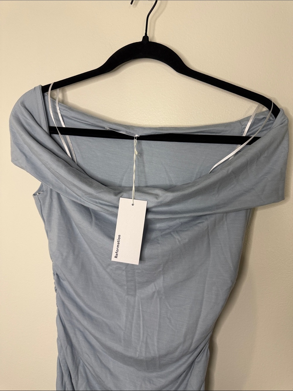 Reformation NWT Raydon Knit Dress Mineral Light Blue Mini Off the Shoulder XS - Picture 5 of 11